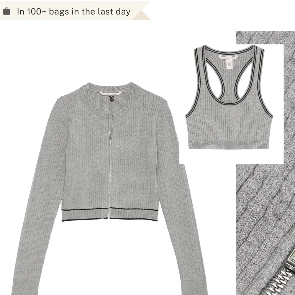 Victoria’s Secret Gray Luxe Ribbed Knit Zip-Up Cardigan and Crop Tank Set XS/S - Picture 1 of 12